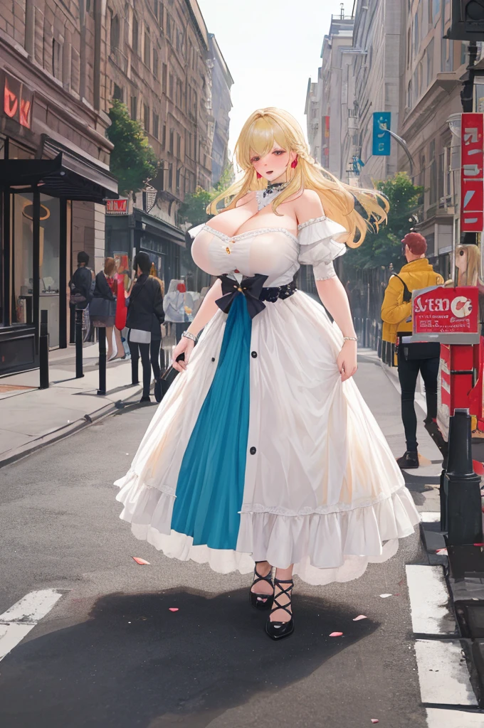 A woman with big ,Gorgeous woman,((Exhibitionism)),Expose,(Middle-aged woman),((30 years old)),translucent,Gorgeous Rococo dress,Long blond hair,Exquisite,pubic,on the street,