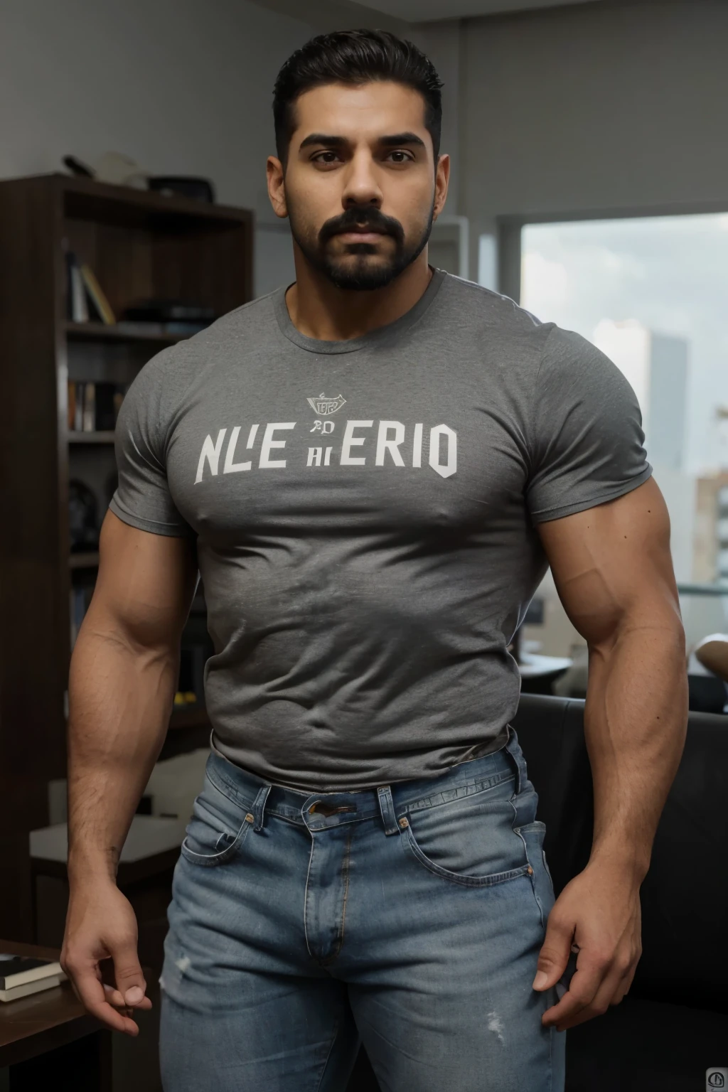 Obra maestra, mejor calidad, ultra detallado, 1 hombre, macho maduro, muscular, pedazo, bara, deportista, rubio, piel bronceada, latino, 28 years old, bigote corto, cabello demasiado cortado, mirando al espectador, serious expression, camiseta gris, cuerpo completo, science fiction background, jeans 