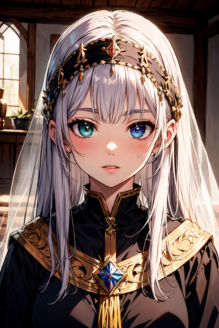 sakimichan style, Urop Style, Portraiture, Detailed painted face, Beautiful woman, Fuller lips, Opaque Veil, Medieval Veil, Head rail, 12th century, Eyes with heterochromia, Rainbow Eyes, Medieval costume, Brot, Lord of the Rings Gown, Near perfect, Beautiful anime style, Character Panorama, Beautiful and detailed face, Shining Shadow, Beautiful gradation, Depth of written boundary, Beautiful graphics, high quality, Attention to detail, High resolution, Luminous Studio graphics engine