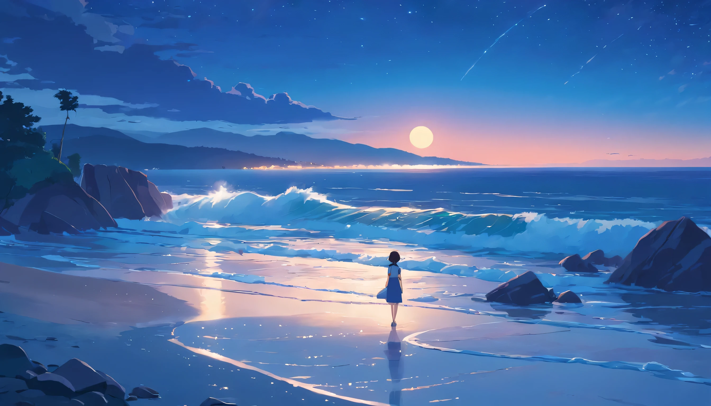 masterpiece, best quality, movie still, a night at the beach, gloomy beach, wave, rocks, water, ocean, moonlight, shore