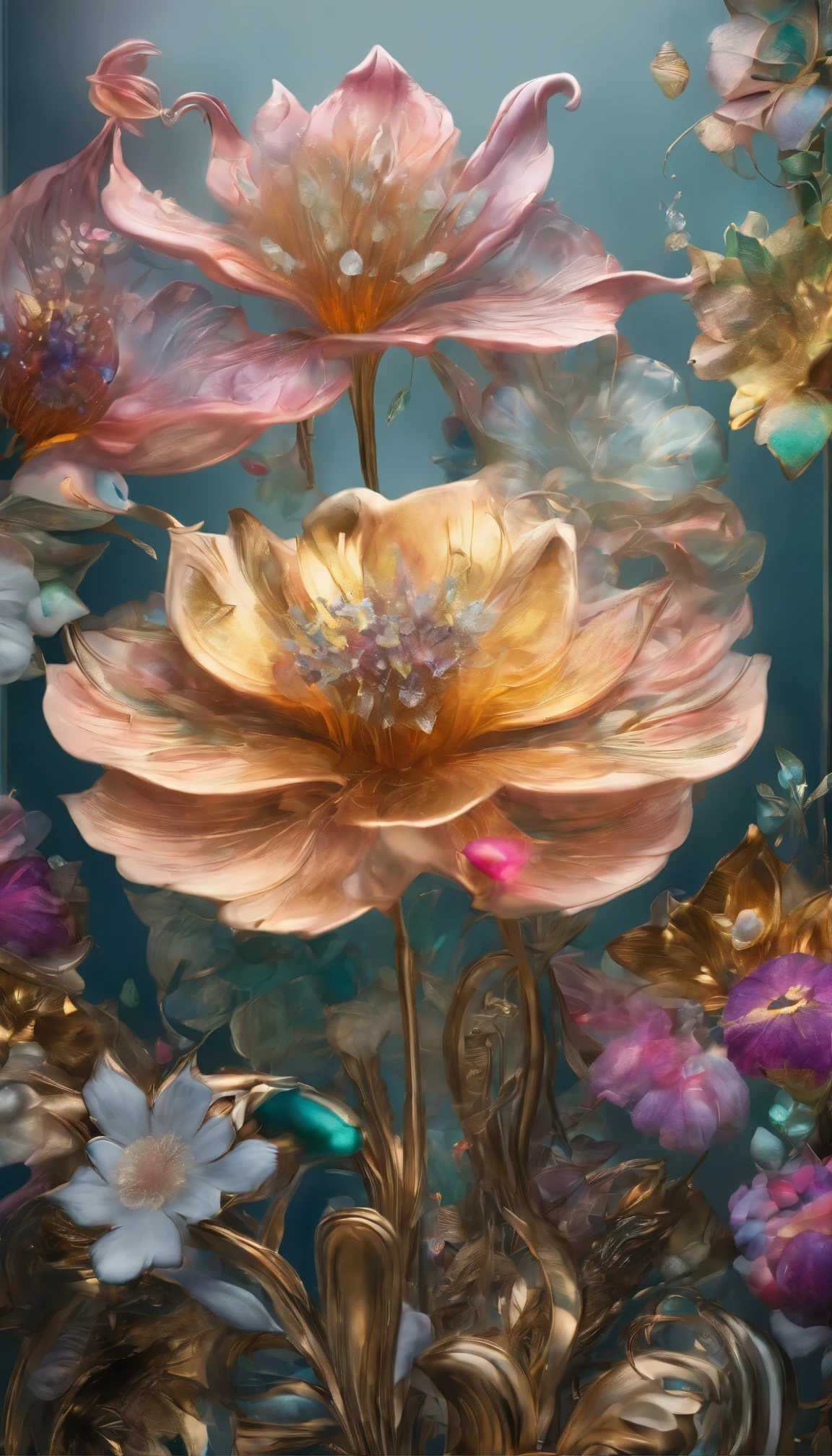 All expressed with colorfull jewels, the arrival of spring, various beautiful balloonflower made of jewels, angles looking up from below, various jewels falling from the sky, wonderful and beautiful superb view, slightly hazy, fantastic, high resolution, 8K, (best quality, highres, realistic:1.37), shiny metallic flowers, intricate and delicate petals, reflective surfaces, vibrant colors, intricate details, close-up view, surreal garden, surreal beauty, dreamy atmosphere, fine art, abstract botanicals, metallic sculpture, contrasting textures, ethereal glow