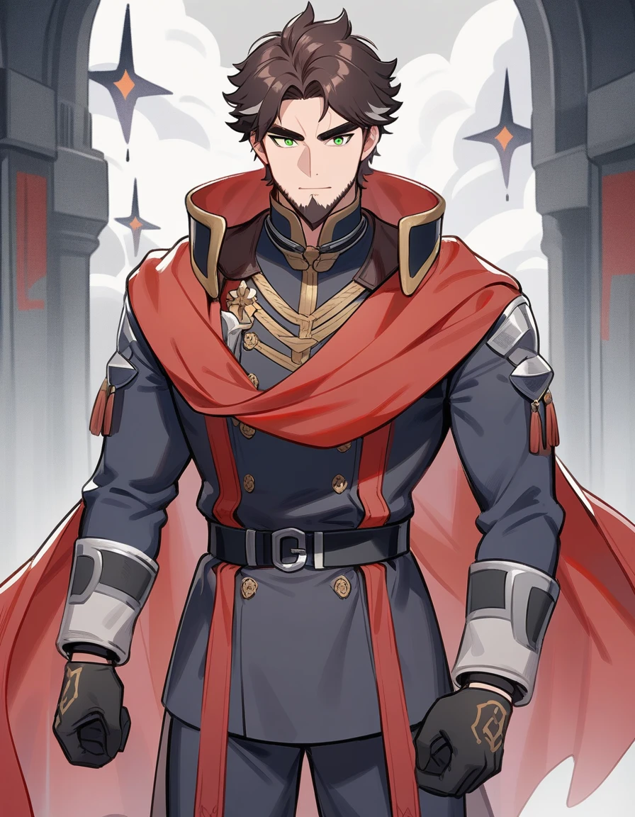 1man, derpixon, fandeltales, parted bangs, (short gray hair, silver colored tips two-tone hair, multicolored dark brown hair), solo, middle-thick eyebrow, masculine handsome kight, beard, green eyes, black pupils, lens eye, red cloak, dark-blue military uniform, standing, in cartoon style, masterpiece, best quality