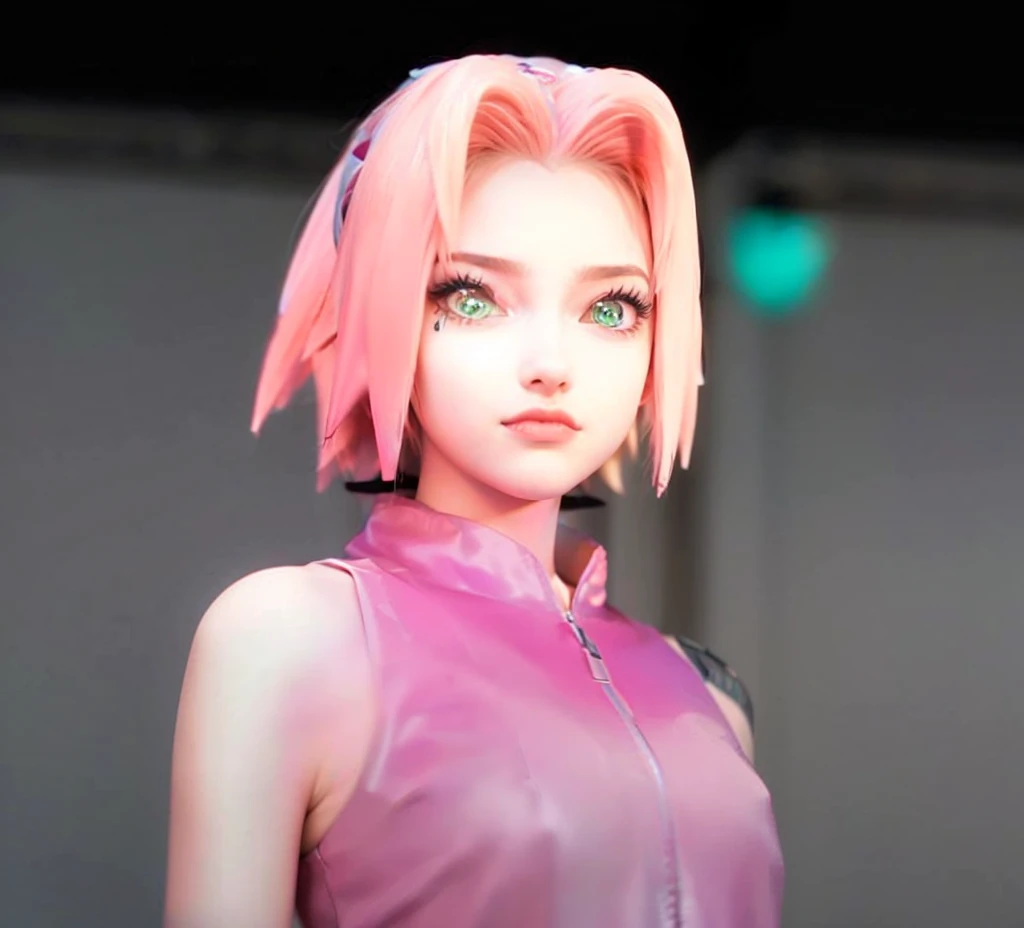 young woman, short shoulder-length pink hair, wide forehead, porcelain skin, pink eyebrows, big emerald green eyes, buttoned nose, full lips, heart-shaped face, slender body, small breasts, red tank top, Sakura Haruno , realistic, realism, details, 3d, well detailed