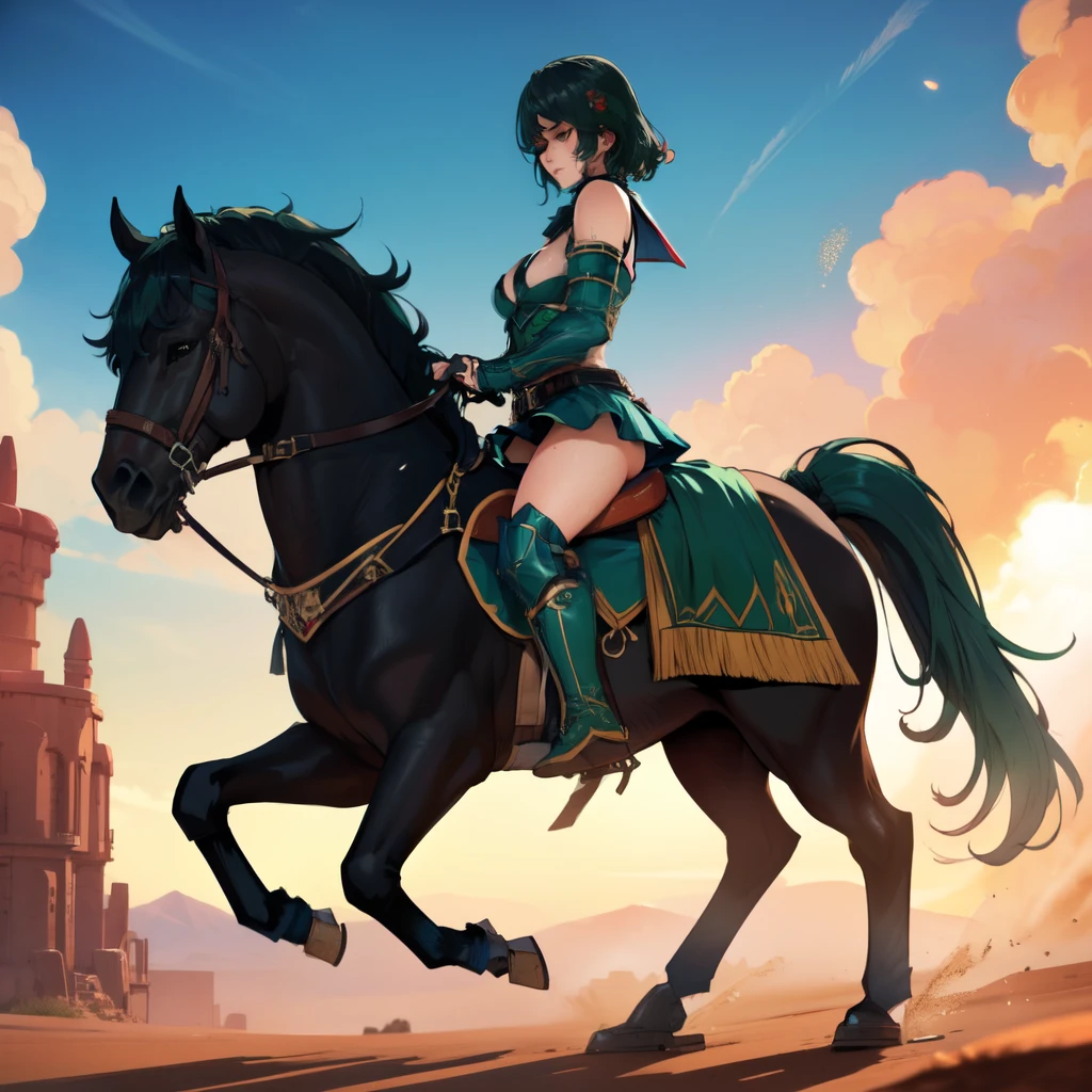 ((best quality)), ((anime masterpiece)), (detailed), cinematic lighting, vivid color, 8k, perfect face, medium breast, a female knight riding a walking black horse on desert, (medium hair, hair, above shoulder,{green hair}, green armor, blue miniskirt, blue boots, sweating face), (black horse {black hair}, saddle, stirups, reins: 1.5)++, heat, scenery, from side: 1.5, perfect anatomically: 1.2,