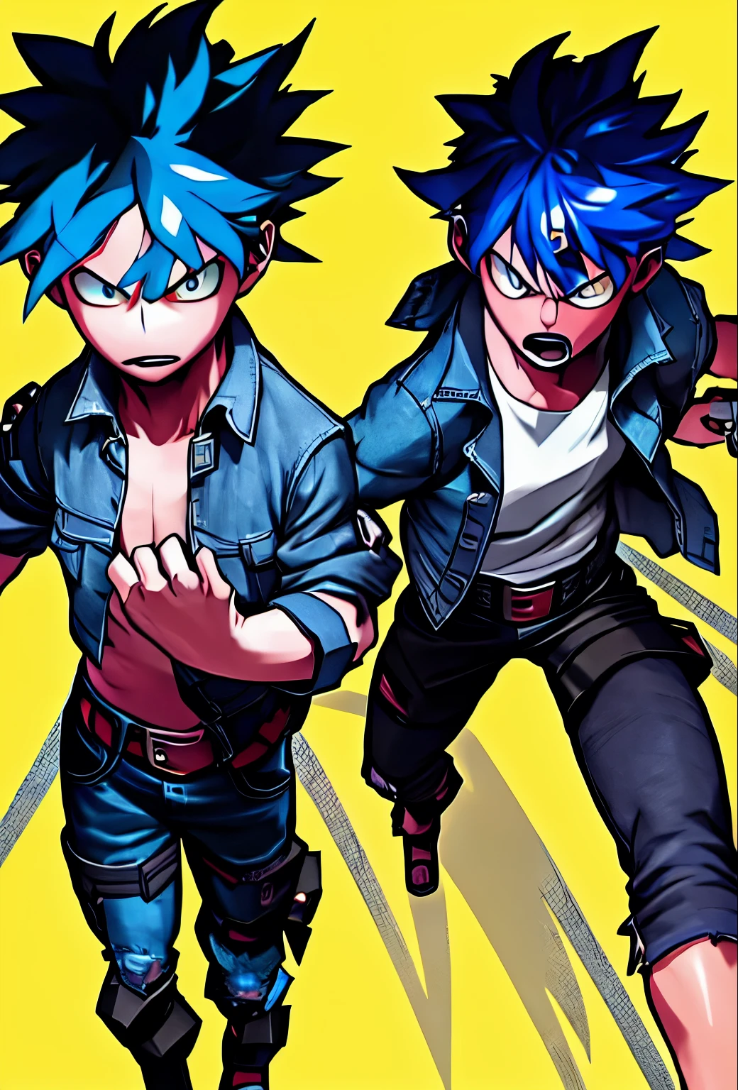 (high resolution,realist:1.2),beautiful, cute father with big penis and his teenage son in a bedroom, good physique, muscular, good penis, bright and colorful, soft lighting, sexy couple, nudes, handsome anime boy, ojos azules y beautifuls, blue hair, a black leather jacket, a pair of cowboy pants, pure black leather shoes,  naked showing his penis, normal size, a beautiful and bright smile, no furry. nudes gay, beautiful, gay