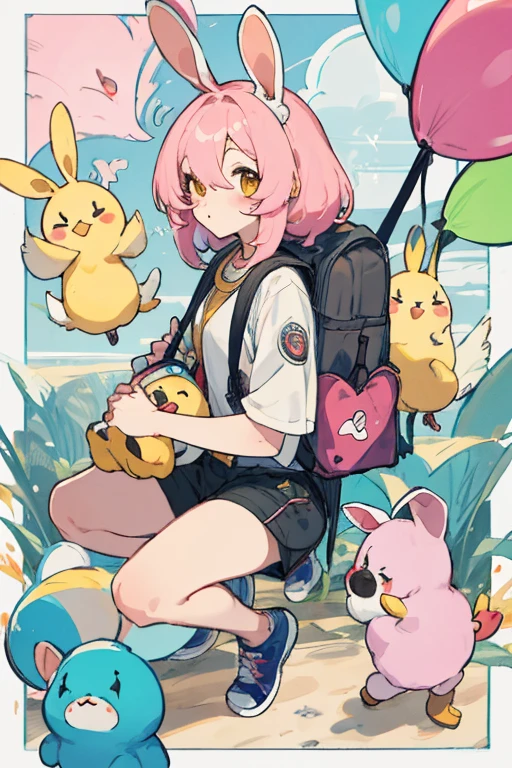 Chica, cabello rosa pastel, Gamer, con mochila de conejo, kawall