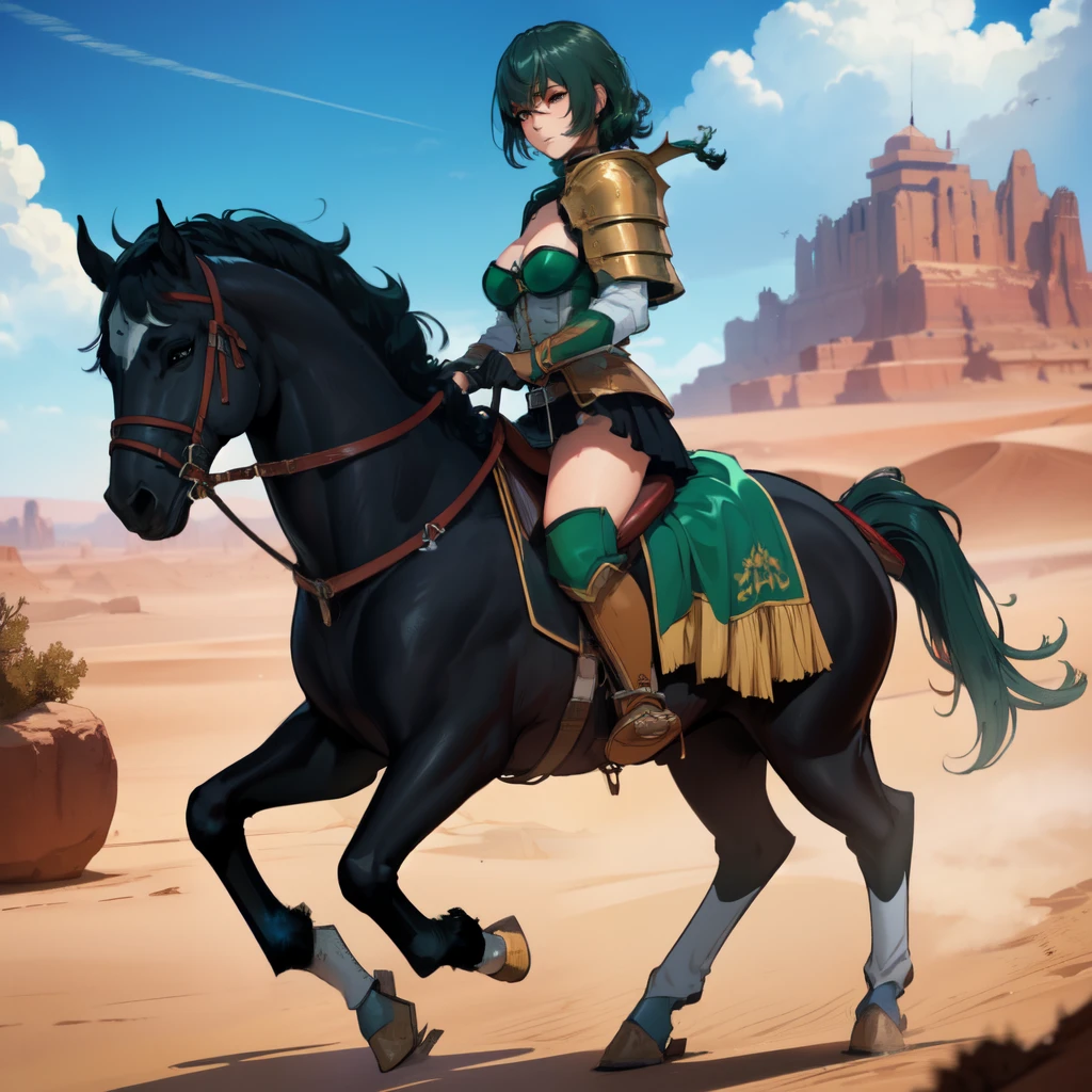 ((best quality)), ((anime masterpiece)), (detailed), cinematic lighting, vivid color, 8k, perfect face, medium breast, a female knight riding a walking black horse on desert, (medium hair, hair, above shoulder,{green hair}, green armor, blue miniskirt, blue boots, sweating face), (black horse {black hair}, saddle, stirups, reins: 1.5)++, heat, scenery, from side: 1.5, perfect anatomically: 1.2,