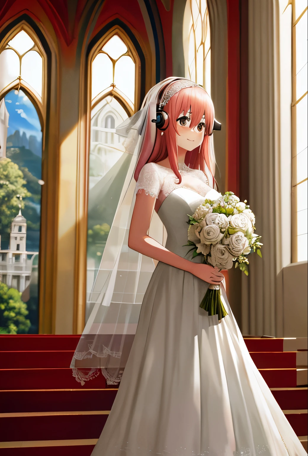1girl, masterpiece, highres,
Featuring the elegant and radiant figure of Sonico, adorned in a magnificent wedding dress,
The intricate details of the dress cascading down in layers,
With a bridal veil draped over her long, brunette hair,
Holding a beautiful bouquet of white roses in her hands,
A beaming smile graces her face, capturing the essence of pure joy,
The peaceful setting of the church, bathed in soft, natural sunlight,
This high-resolution painting is a true masterpiece.