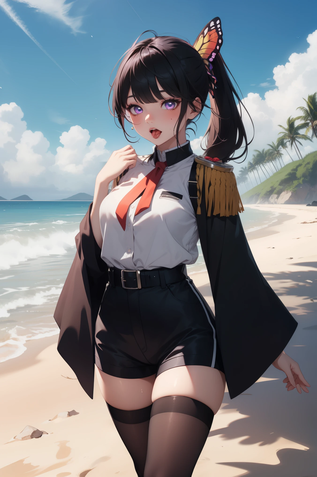 kanao tsuyuri, black hair, butterfly, butterfly hair ornament, (purple eyes:1.1), side ponytail, ponytail,
BREAK (pantyhose under shorts, , seamed legwear, shorts, shoulder boards, swept bangs, wide sleeves:1.2),
BREAK (outdoor,Blue sky,White cloud,beach,shore,seawater:1.2)
BREAK eyes rolling, tongue sticking out, with tongue, crazy, open mouth, screaming, ahegao, heavy breathing, blush, sweat,
BREAK (masterpiece:1.2), best quality, high resolution, unity 8k wallpaper, (illustration:0.8), (beautiful detailed eyes:1.6), extremely detailed face, perfect lighting, extremely detailed CG, (perfect hands, perfect anatomy),