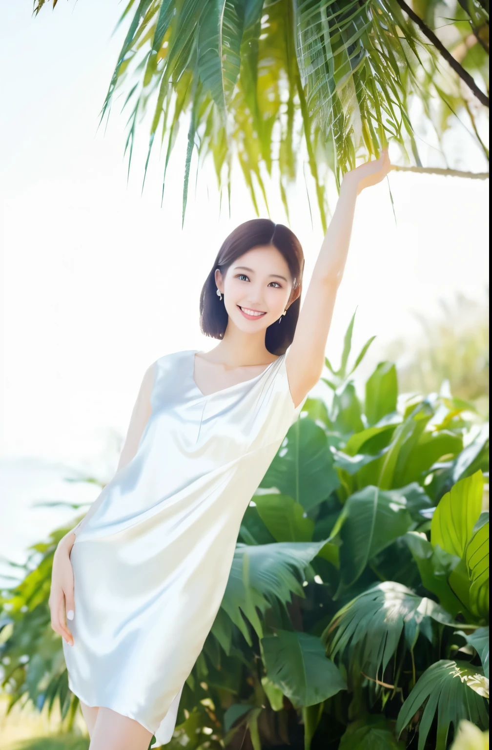 Best Quality, 8k, 32k, Masterpiece, UHD: 1.2), Big , Big , 1 Woman, 22 years old, very beautiful slim legs, wearing silk clothes, very beautiful slender legs, light milky porcelain skin, seaside, milky skin, slender legs, beautiful slim legs, white clothes, pink clothes, silk clothes, under the shade tree, smile