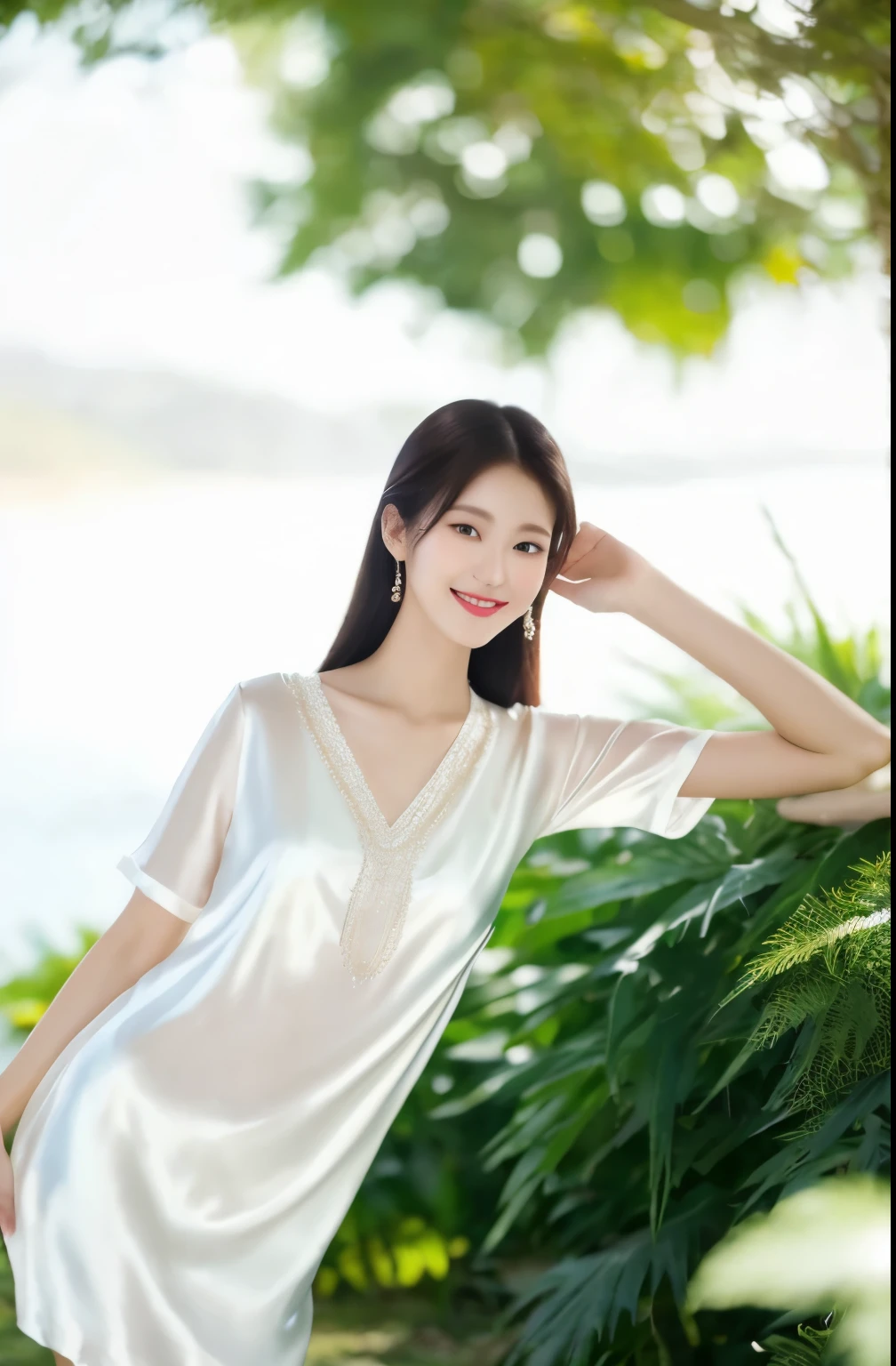 Best Quality, 8k, 32k, Masterpiece, UHD: 1.2), Big , Big , 1 Woman, 22 years old, very beautiful slim legs, wearing silk clothes, very beautiful slender legs, light milky porcelain skin, seaside, milky skin, slender legs, beautiful slim legs, white clothes, pink clothes, silk clothes, under the shade tree, smile