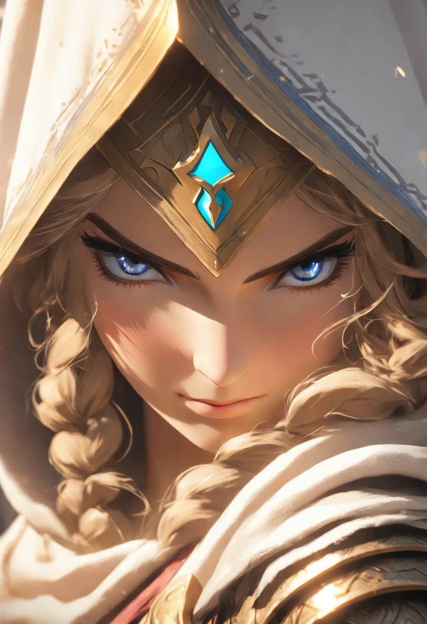 A full-body shot of Princess Zelda, brown hair, blue eyes, dressed as an Assassin from Assassins Creed, in white+gold witha white mask and hood with gold details, XL bust, using a wrist blade. Background: A city during the renaissance period. Unreal Engine 5, Anime, Anime style, Masterpiece, Well drawn eyes, well drawn face, well detailed eyes, well detailed face, 8k, light and shadow effect.