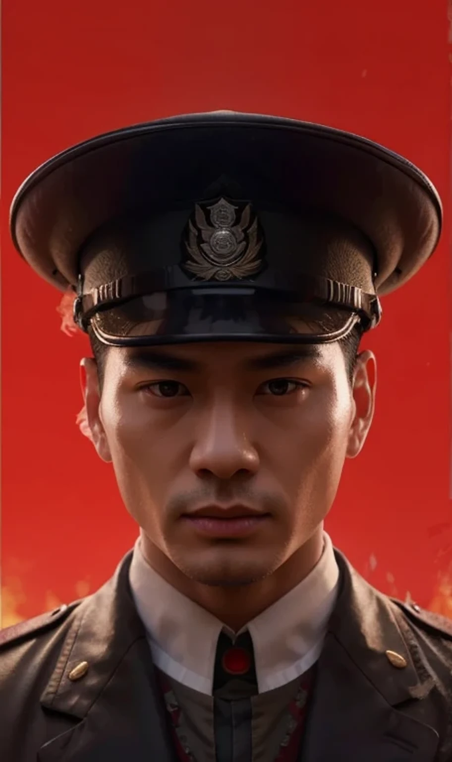 Chinese man soldier, rude face, black hair short military style cut, Chinese blue military Russian commander uniform, Chinese style military hat, he is in a burned forest, red sky, ultra Realistic, ultra detailed, hyper Realistic, 4k, ultra detailed image, Realistic, highly detailed, perfect composition, beautiful, Intricately detailed, incredibly detailed, 8 k artistic photography, hyper detailed, ultra Realistic masterpiece, ultra detailed, hyper Realistic, 4k, ultra detailed image , Realistic, highly detailed, perfect composition, beautiful, Intricately detailed, incredibly detailed, 8k artistic photography, hyper detailed, masterpiece