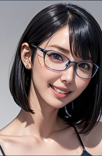 (masterpiece), (8k, best quality, high resolution), (ultra-detailed, realistic), (anatomically correct),  
((face close-up)), (Standing), (No background),
(1woman),  (looking at viewer), 
(A Japanese woman, 30 years old and 155cm tall.), 
(black hair), (straight hair), (short hair style), (bob cut), (hair behind ears), 
(wear glasses), ((black cell frame glasses)), 
((Wear a navy blue spaghetti strap dress)), (Mini length dress with simple design), 
(Create a detailed image of the eye), 
(Her impression is pure, clean and kind.), 
((A captivating smile, just showing a few teeth.)), 　 
