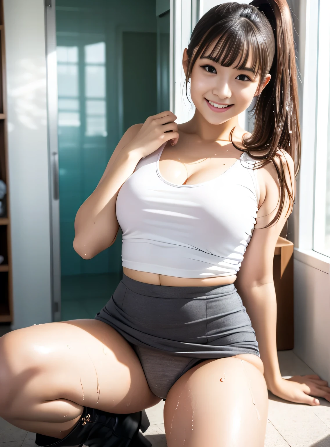 beautiful girl、A well-groomed, slightly plump figure、Slightly rough, realistic skin、The whole body is wet with a thick, viscous lotion.、Beautifully shaped breasts、Around 19 years old、Japanese、office building、concrete、Brown Hair、((ponytail))、cuticle、Shiny and smooth hair, Light bangs、smile、Tight mini skirt、boots、Panties are visible、highest quality, Very detailedな, cute, cute, Lovely, sexy, Very detailed, 4K, 8k, highest quality, beautiful, Genuine