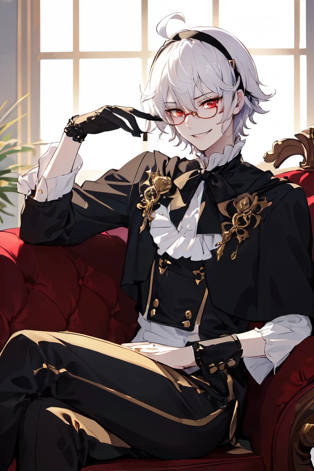 masterpiece, (best quality), highly detailed, 1male, (((androgynous))), ((pretty boy)), solo, ahoge, ((black hairband with gold ornament)), (detailed face:1.2), (((red glasses:1.2))), (((short hair))), (unkempt androgynous hairstyle), ((pale almost white violet hair color)), messy bangs, (red eyes), tufts of hair, (smirking), (((black fantasy capelet with pointy lapels accented by minimal gold color))), ((black neck ribbon with red jewel above a ruffle collar)), fantasy, ((white ruffled shirt)), black vest, fgo character, laying down on loveseat in study, feminine face, dark colors, aristocrat, mostly black clothing, menacing but flirty, pose