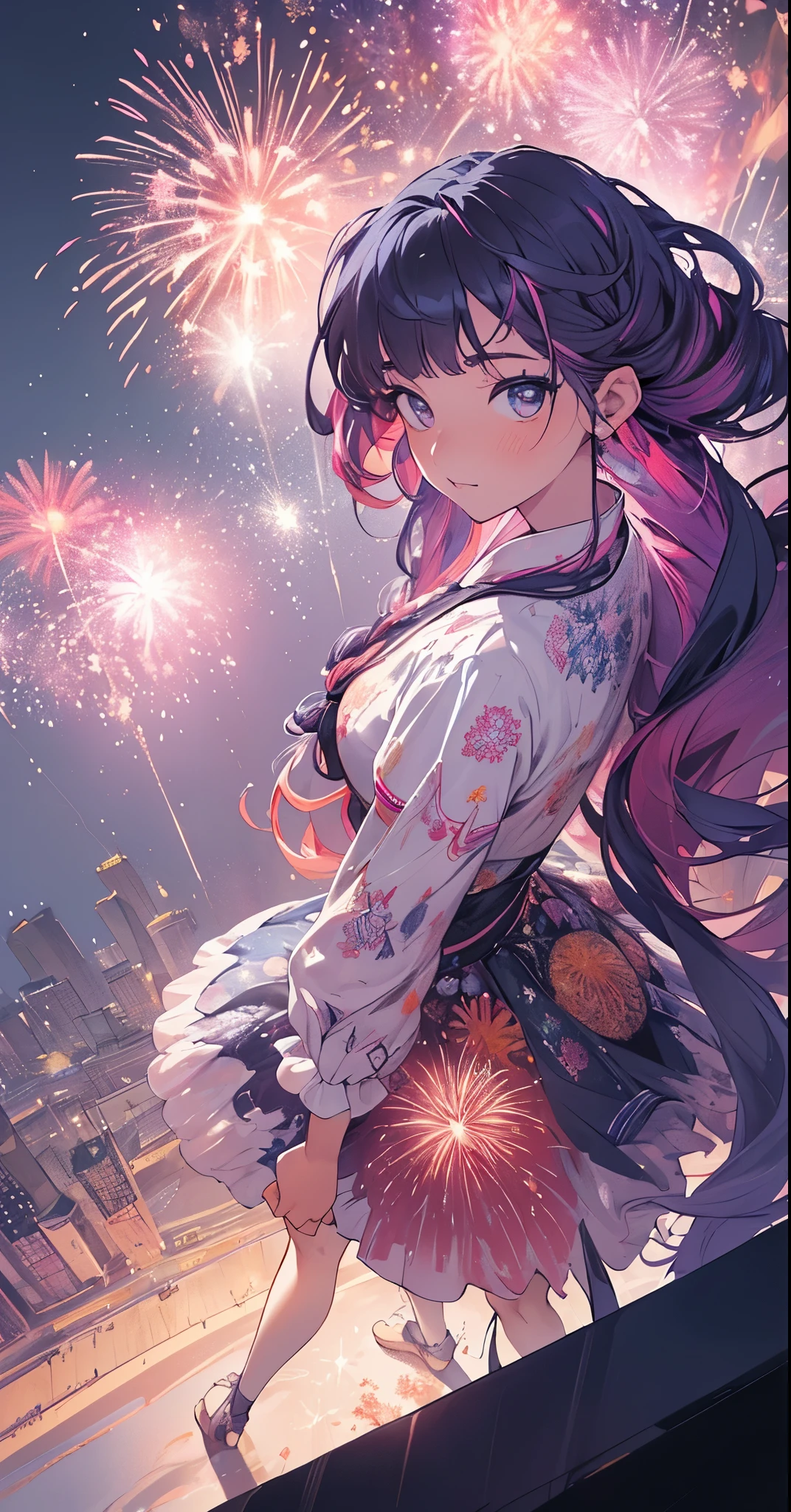 ((Fireworks display seen from a higher place:1.5))，(Lots of 10-shakudama fireworks fill the sky:1.53)，Fireworks display beyond imagination，innocent smiles，Girl in the sky，Never seen，Seven colors,(1girl in)，(Cute smile)，(The clothes are intricate dresses with a white base:1.4)，(Lots of light particles spin around the girl) ，(Best Impact:1.5)， (maximalism:1.7),，Vivid contrast， (Realistic),，hyperrealistic illustrations,，hight resolution,，ultra-detailliert,，absurderes，(Fractal Art:1.3)，Braided hairstyle，Gradient long hair，FULL BODYSHOT，Photographing the sky from below，Precise focus，randome pose，cinema4d，Drama