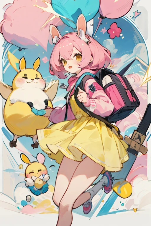 Chica, cabello rosa pastel, Gamer, con mochila de conejo, kawall