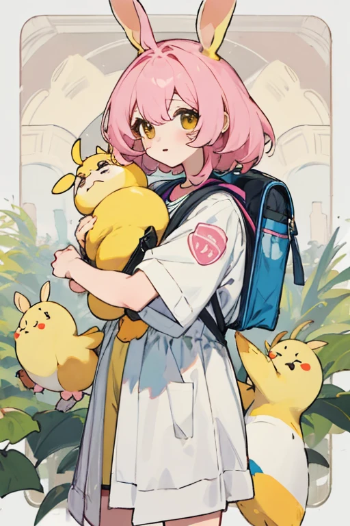 Chica, cabello rosa pastel, Gamer, con mochila de conejo, kawall