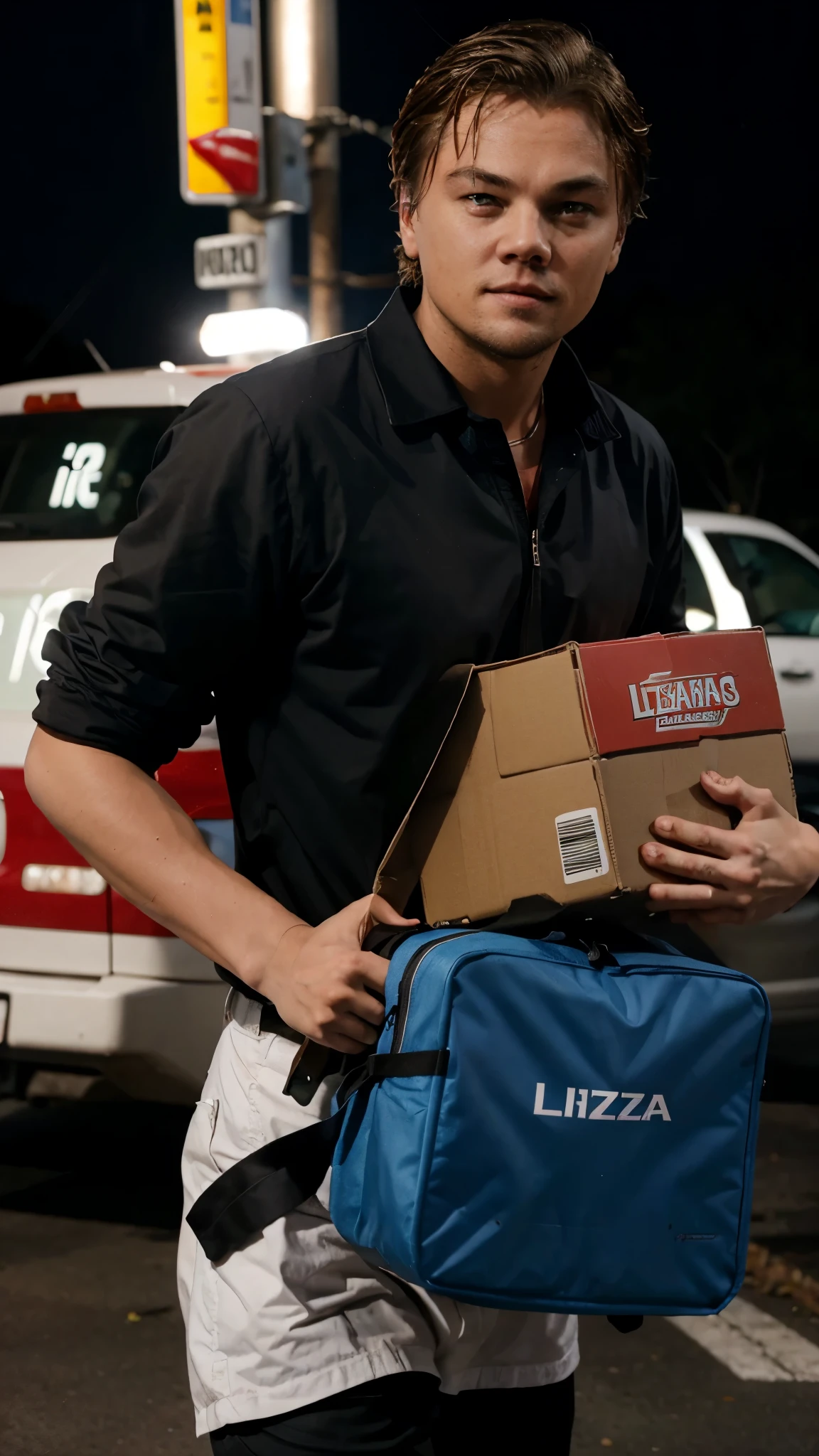 Leonardo DiCaprio, Work as a pizza delivery man, perfect face, ultra HD.