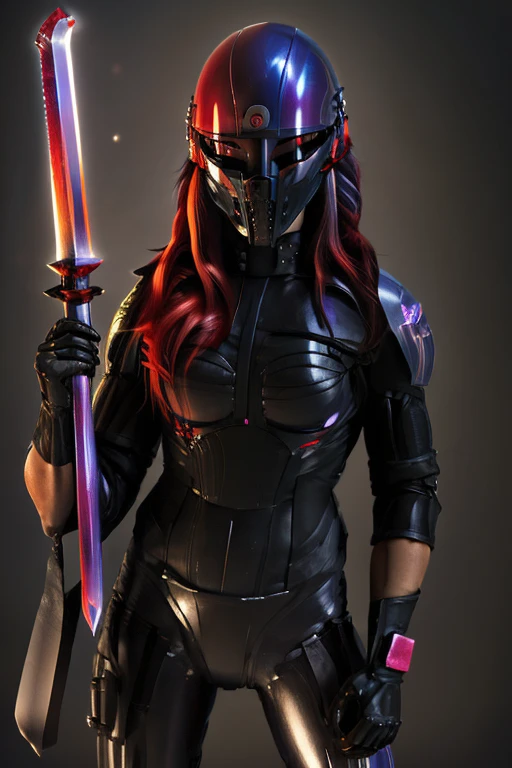 (mandohelmet) woman holding a sword with omitting lightening from the blade
(((red hair, black hair, multicolored hair)))