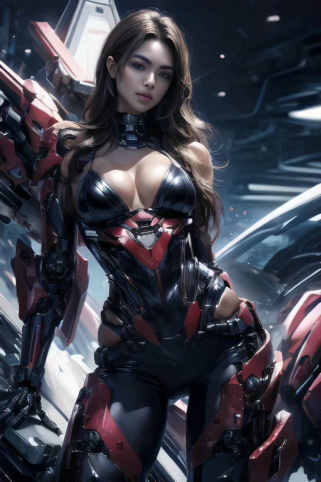 (Reality, Photorealistic: 1.37), (Masterpiece: 1.2), (Best Quality: 1.4), (Ultra High Resolution: 1.2), (Raw Photo: 1.2), (Breast Sharp Focus: 1.3), Vivid Details, Hyperrealistic, 1girl, female combat cyborg, cyborg with AI self-judgment, in battle, cowboy shot, bewitching, sexy, erotic, beautiful face, detailed and perfect face, large and even eyes, perfect Proportions, normal breasts, thin waist, navel, big butt, crotch gap, sexy thick thighs, (dynamic pose), (dynamic angle), caustics, reflections, ray tracing, nebula, dark aura, cyber effects, mechanical parts, robot joints, single mechanical arm, mechanical halo, star halo, elaborate mechanical bodysuit, mechanic corset, very long hair, brown hair, red eyes, glowing eyes, uneven skin, gaze Trajectory, random expression, (random action pose), (metaverse space), (digital world),