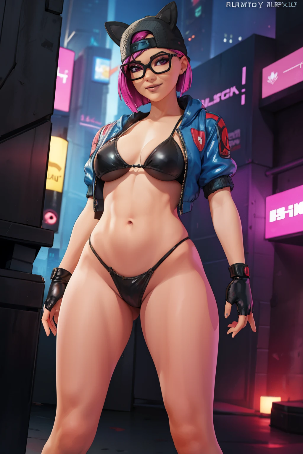 (masterpiece), (best quality), standing, (solo), looking at viewer, cyberpunk, high detailed,extremely detailed, fine eyes, smile,dynamic pose, short pink hair,cap,loose black v neck t shirt, jacket black,fingerless glove,glasses, pink bikini shots latex