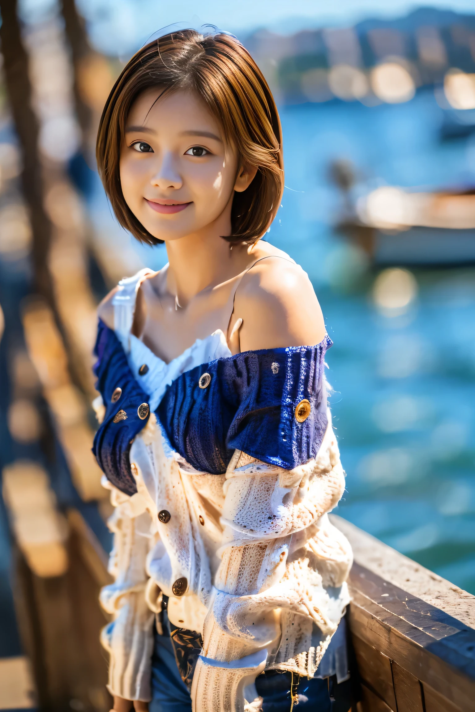 (18-year-old female), (The best quality at its best:1.4), (Super detailed), (Very detailed CG unified 16k), Beautiful woman with perfect figure: 1.4, Sharp focus: 1.2, Very detailed, High-quality RAW color photos, Professional photography, Great face and eyes, Beautiful eyelashes、cosmetics, (Amazingly beautiful girl), ((Off-shoulder summer knitwear, Shorts)), Are standing, Sexy posture,(harbor:1.3), (View from below), Realistic movie faces, Wide zoomed out view of head to foot length, Full body long view, Realistic, ((Realistic natural light brown hair color, Realistic blue eyes)),( Short Bob Hair:1.5), nice, Very beautiful face, Perfect model beauty, Mouth swelling, Highly detailed face and skin texture, Fine grain, double eyelid, Medium chest, smile, Crack, west, (masterpiece), highest quality, High resolution, Very detailed, Blurred Background, Depth of written boundary, Cinema Lighting, Great legs, High heels, Clear, well-maintained skin, (((Women make up the majority of the photo)))