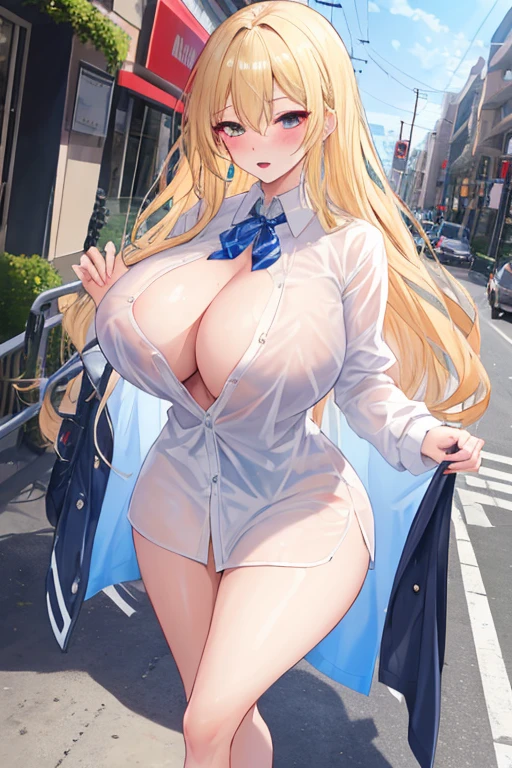 masterpiece,8k,A woman with big ,Gorgeous woman,ahegao,((Exposed)),Expose,Translucent shirt chest,Open-chested shirt,Long shirt,Long blond hair,Exquisite,Smooth legs,on the street,
