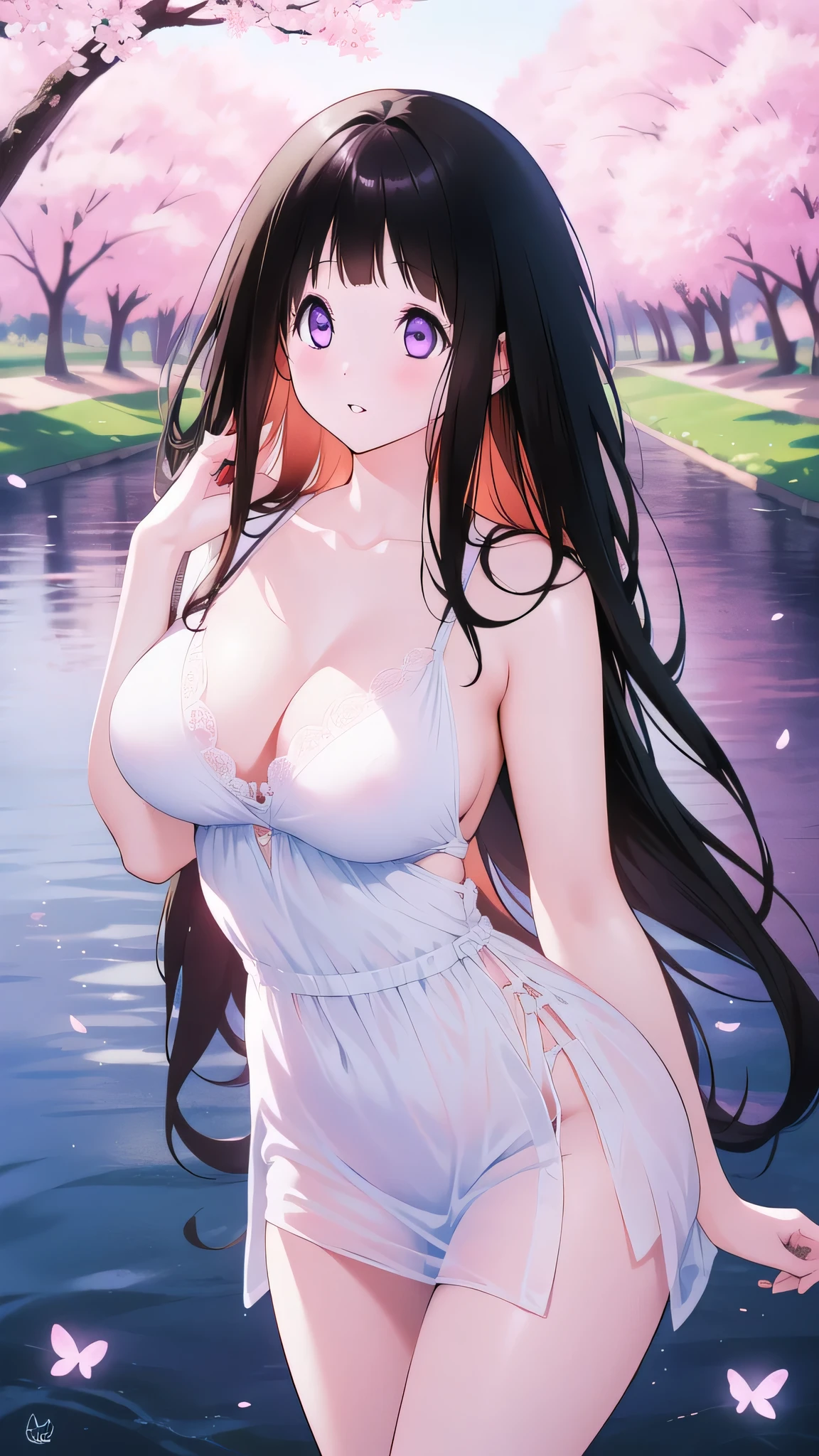 Amazing Chitanda, There is only one beautiful girl,Purple Eyes, Black Hair, Very red face,Very white skin,Glowing skin,Naturally straight hair, Straight bangs,Extremely refined,Open lips,Long flowing hair,Beautiful Girl, Like a dream,Slim,Slim waist,Soft, (Sensual), (Kawaii), Dream quality,Beautiful big breasts,Light-colored dress,Deep V neckline,Loose neckline,by the lakeside,Flying Butterflies,Cherry blossoms,no pants,Showing breasts,Show your thighs,Showing collarbone,Show your neck,Exposing the groin,No pants,extremely shy,Ultra-high resolution, (masterpiece:1.2, best quality), (Delicate and beautiful eyes: 1.2), (Beautiful and delicate face)