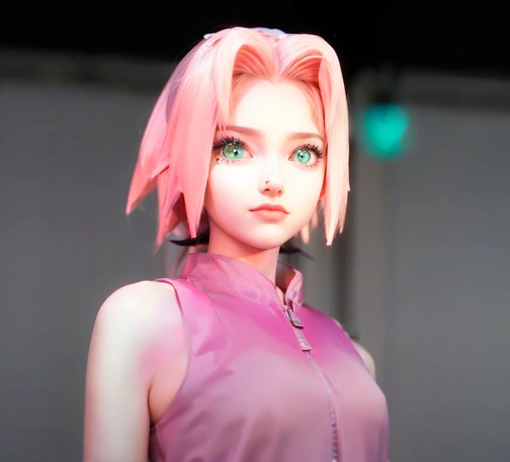 young woman, short shoulder-length pink hair, wide forehead, porcelain skin, pink eyebrows, big emerald green eyes, buttoned nose, full lips, heart-shaped face, slender body, small breasts, red tank top, Sakura Haruno , realistic, realism, details, 3d, well detailed
