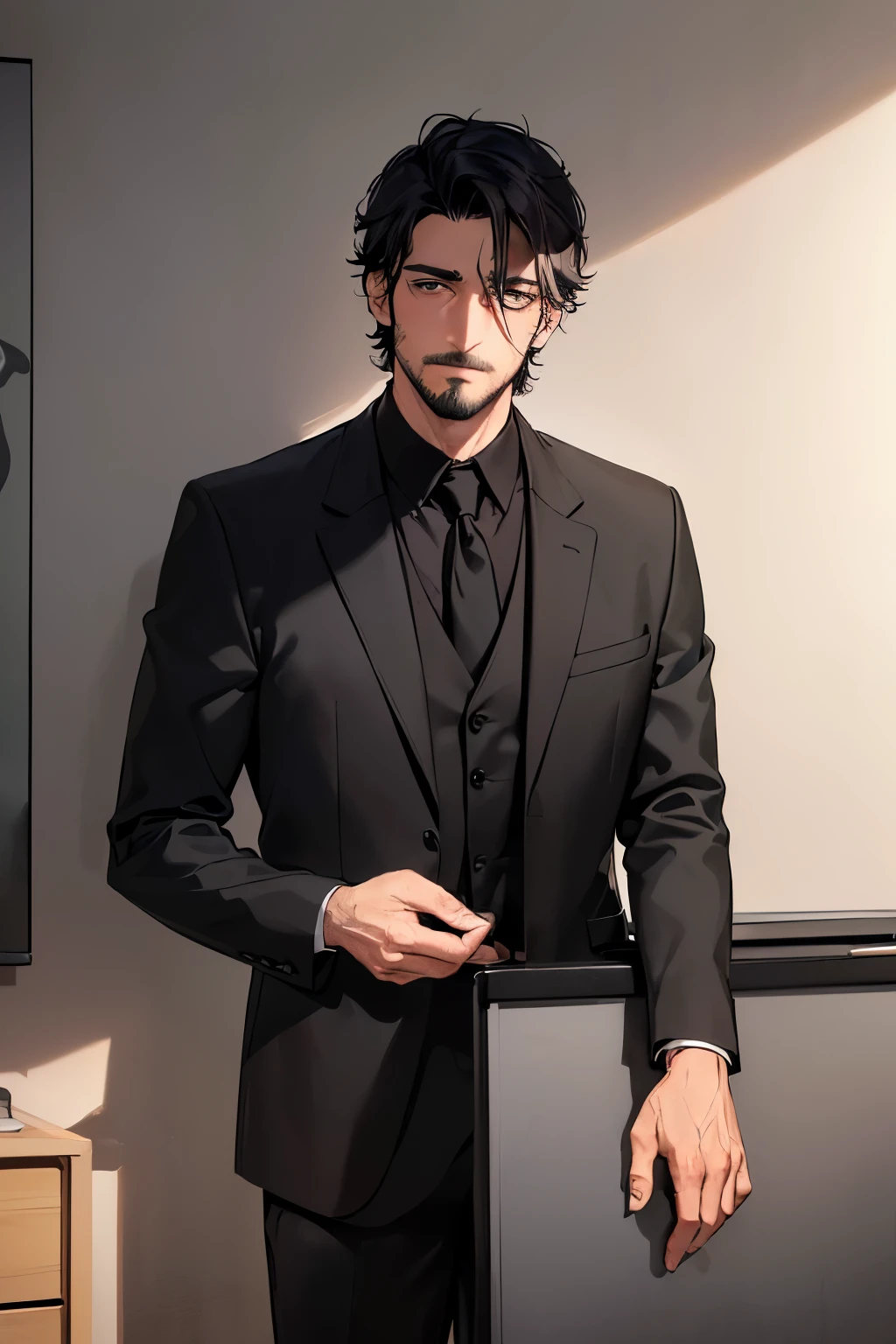 ((best quality)), ((masterpiece)), ((detailed)), (((perfect faces))), (((40yo attractive man in black suit, black shirt))), (((blank expression))), (((black hair))), (((stubble))), (((standing behind desk))), (((wall in background)))