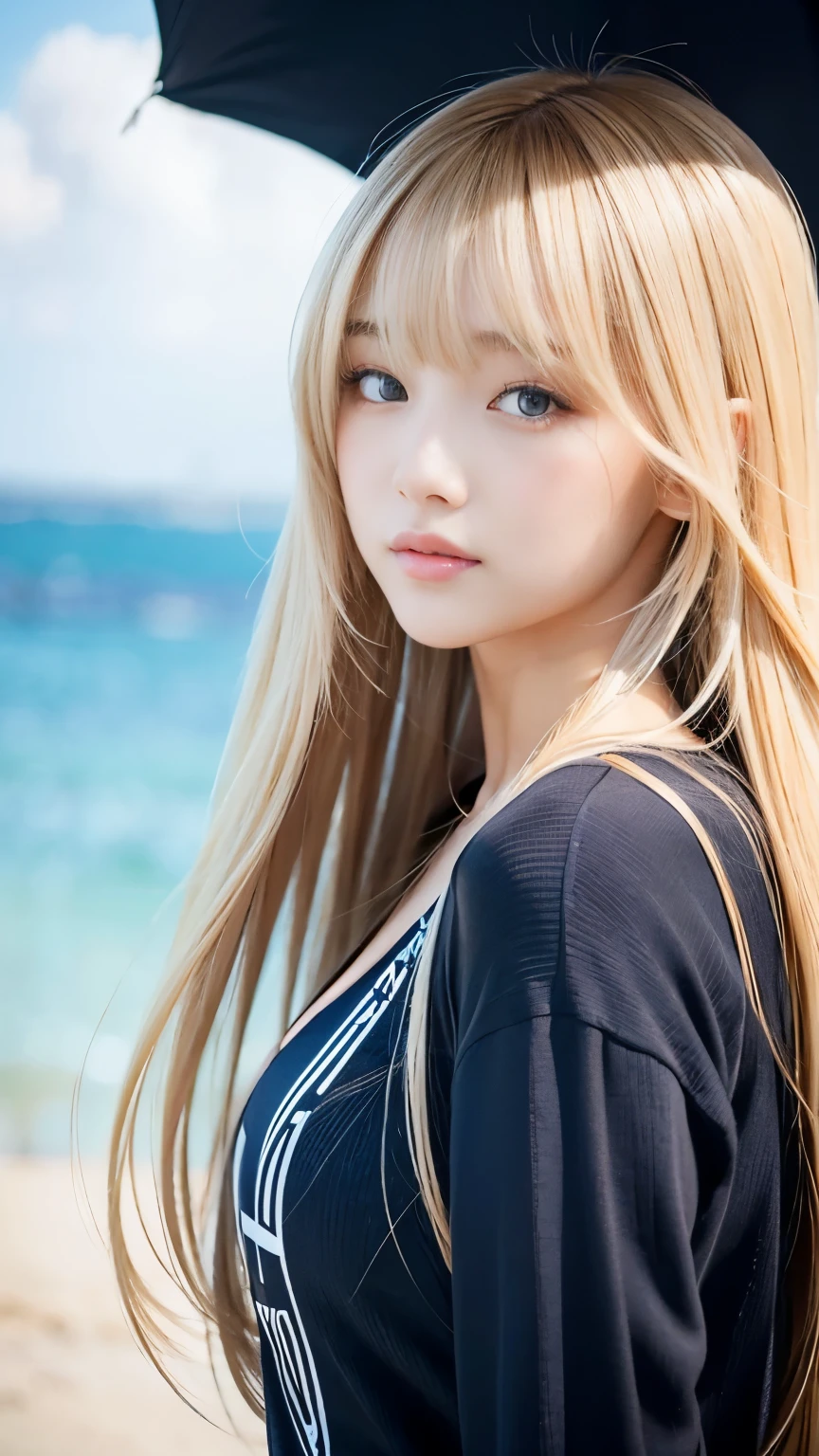 sexy big breasts、 beautiful girl sexy cute looks and cute, beautiful and sexy face、The strong wind blows the hair in front of my face、Beautiful long metallic blonde straight hair with beautiful cute and sexy eyes hidden in her long bangs