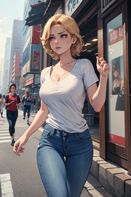 ((Masterpiece)), ((highest quality)), (Super Detail), ((High detail)), 4K, (8K), Highest quality, (beautiful), Realistic photos, Disorganized, Blonde、Cleavage、Earrings、White T-shirt, Sad look, Natural beautiful light、Woman running in the city、Shot from the side、jeans