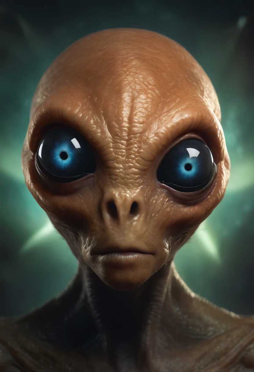 Create a super realistic image of an alien with a fat head and and 3 big black eyes.
