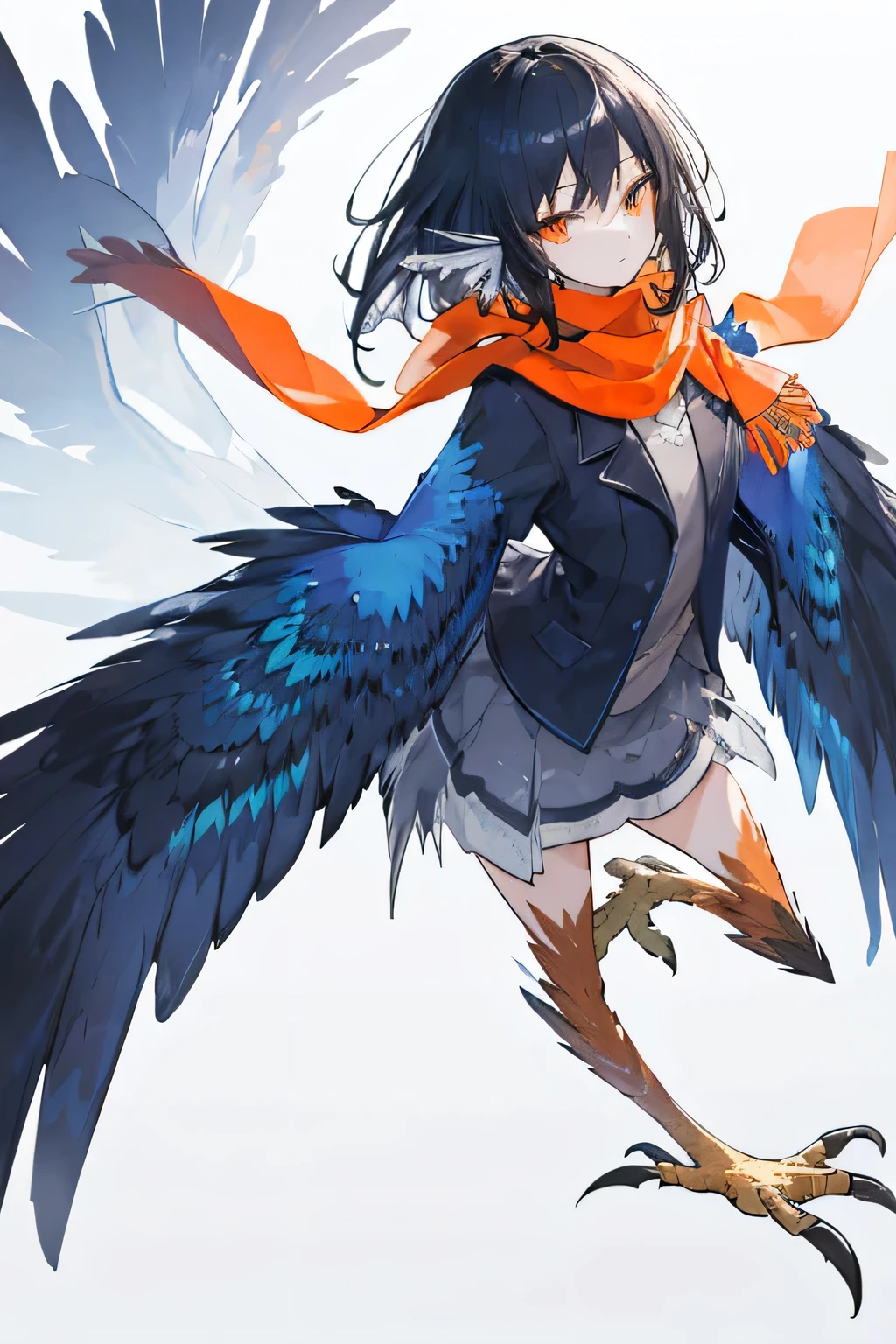 ((harpy winged arms:1.4))beautiful black hair,blunt cut ,beautiful orange eyes,blue scarf,black feather,raven,