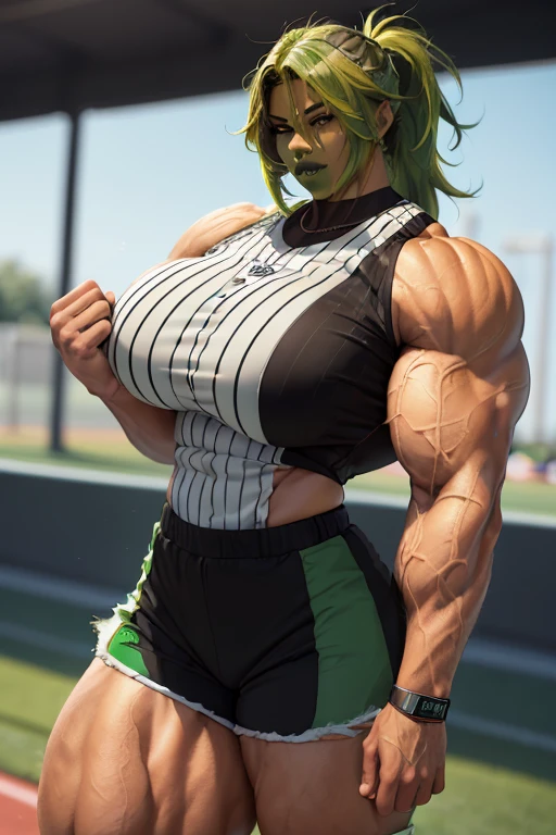 (((((Massive, tall, beautiful, light brown skinned, buff, muscular woman with green hair, black lipstick, ginormous bulky muscles and wearing a black and white stripe baseball jersey with shorts))))), (close view), (massive muscles), massive biceps, hyper muscle shoulders, vascular shoulders, hyper muscle triceps, (curvy long hair), orange eyes, (wristbands), choker, sneakers, (in a baseball field), confident smirk, night, hyper vascular arm, hyper muscles arms, hyper muscle legs, massive arms.