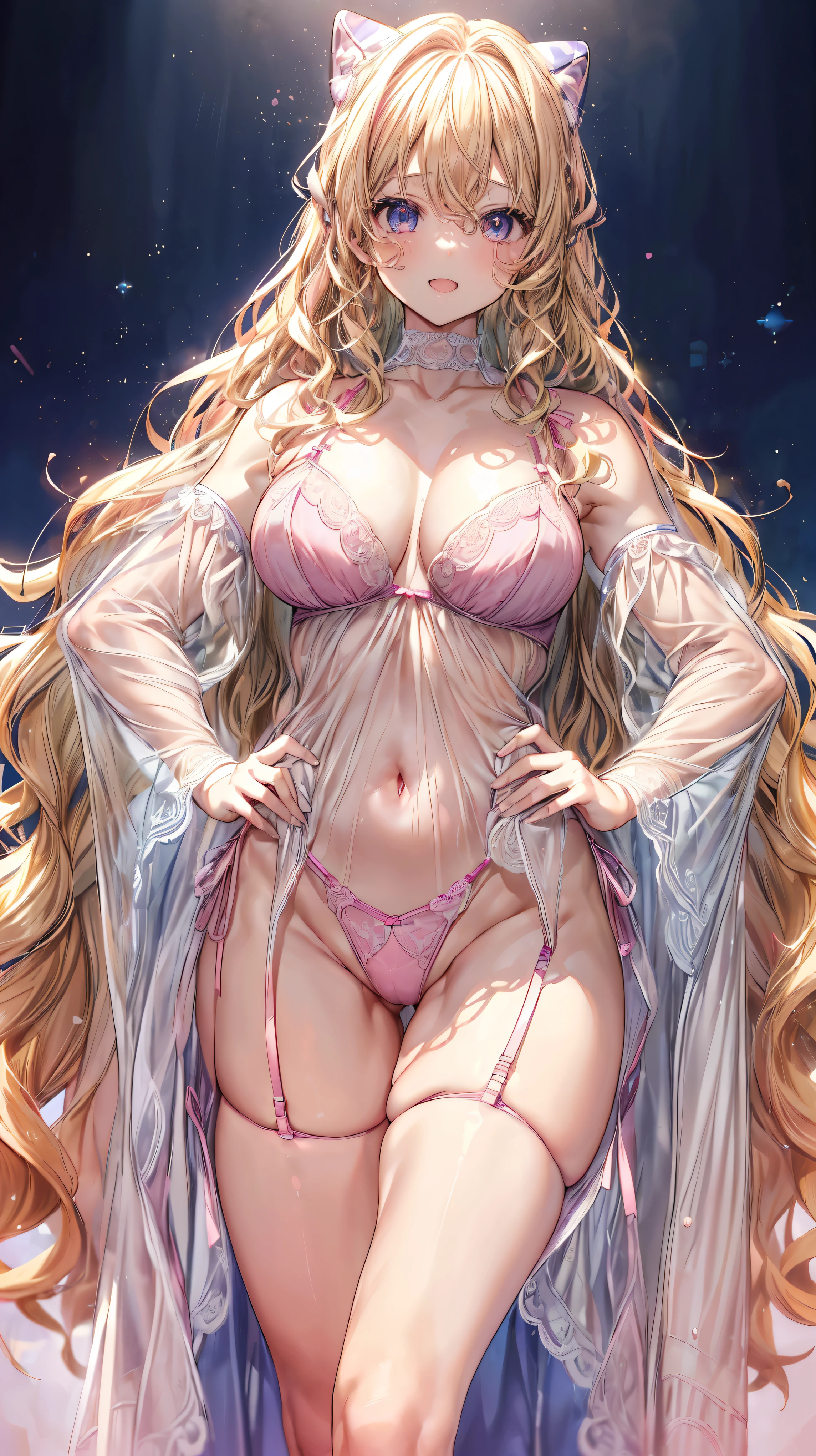 (Adult women:1.5)、Very detailed、highest quality、Best image quality、masterpiece、8k、Anime Face、A kind smile、(Open your mouth:1.3)、Sparkling blue eyes、(Blonde Wavy Hair:1.5)、、Muscles of the whole body、(High leg:1.5)、Thigh belt、(Wearing pink lingerie:1.5)、(Cowboy Shot:1.5)、SFW Giant、(Put your hands on your hips)
