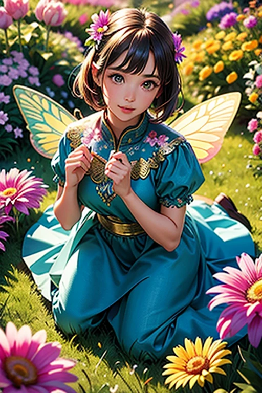 (masterpiece), best quality, 1 tiny fae girl, solo, beautiful face, perfect face, (sitting on a large flower), she is surrounded by large grasses and flowers, (butterflies are flying around her), medium , (beautiful and magical scenery), (fairy dust), vivid and vibrant colours, (UHD, HDR, 8K), (top view), (cinematic lighting), (golden hour, warm glow), high resolution, high contrast, smooth outlines