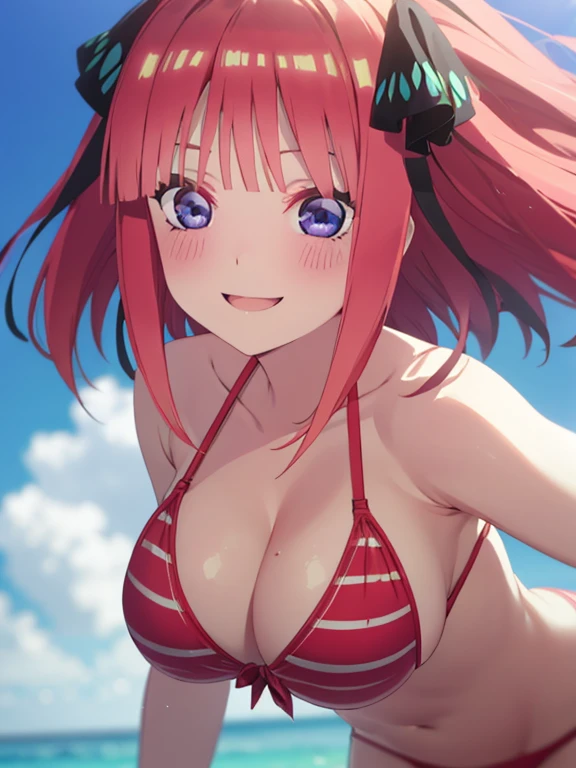 best quality, ultra-detailed masterpiece, nino nakano, large breasts, blush, smile, bikini swimsuit,low angle shot