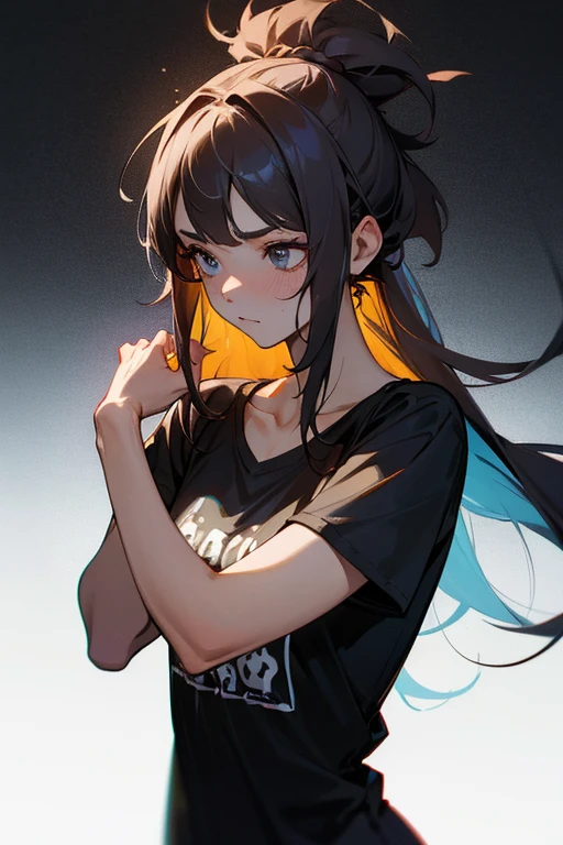 One girl, Idol, close, clavicle, ,, photograph, movie, Depth of written boundary, Skin Texture, T-Shirts, rubber band, Topknot, Long Hair, Messy Hair,
