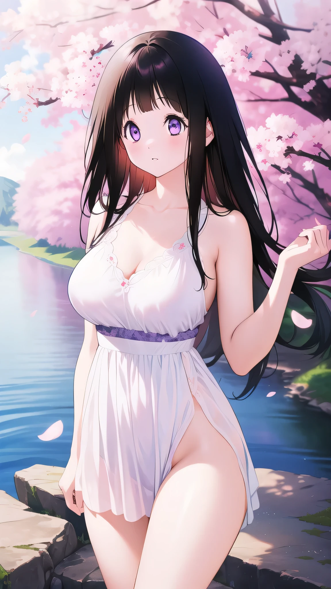 Amazing Chitanda, There is only one beautiful girl,Purple Eyes, Black Hair, Very red face,Very white skin,Glowing skin,Naturally straight hair, Straight bangs,Extremely refined,Open lips,Long flowing hair,Beautiful Girl, Like a dream,Slim,Slim waist,Soft, (Sensual), (Kawaii), Dream quality,Beautiful big breasts,Light-colored dress,Deep V neckline,Loose neckline,by the lakeside,Flying Butterflies,Cherry blossoms,no pants,Showing breasts,Show your thighs,Showing collarbone,Show your neck,Exposing the groin,No pants,extremely shy,Ultra-high resolution, (masterpiece:1.2, best quality), (Delicate and beautiful eyes: 1.2), (Beautiful and delicate face)
