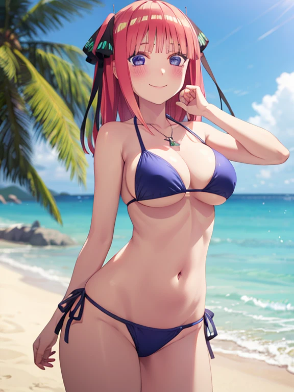 best quality, ultra-detailed masterpiece, nino nakano, large breasts, blush, smile, bikini swimsuit,low angle shot