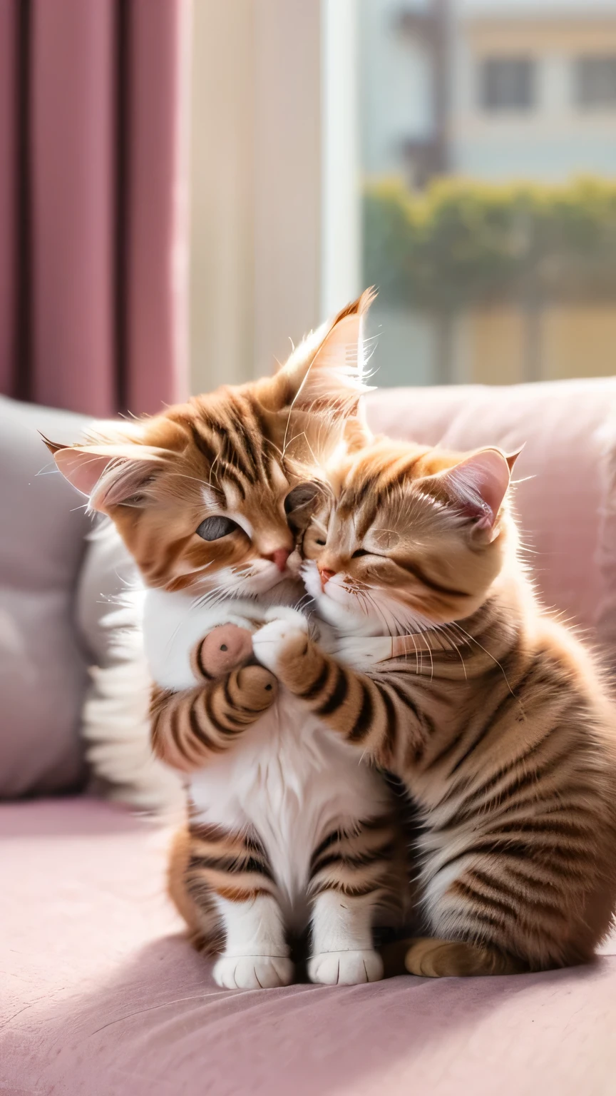 2Two munchkin kittens hugging each other The cat fills the screen The cat is sleeping Cupid's bow is placed Cats are angels Heart symbol on background The place is heaven Highest quality Photorealistic