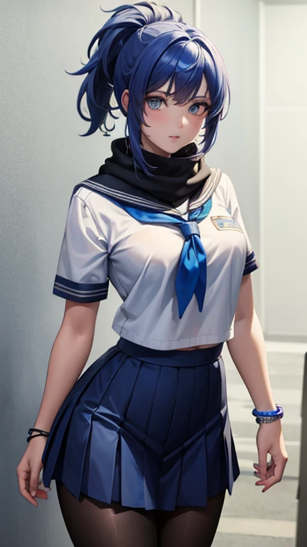 (Obra maestra, mejor calidad:1.2), ojos expresivos, cara perfecta, high resolution, 1 chica, solo, senounatsuru ,seitetsu_academia_escuela_uniform, pelo azul claro, Camisa blanca, cabello corto, mangas cortas, sailor black scarf , cola de caballo, Falda negra, muslos, una pulsera, a blue bracelet on the right wrist, rubor, avergonzado, de pie, tiro de vaquero, mirando al espectador
