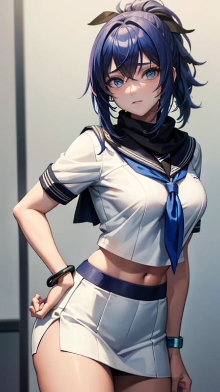 (Obra maestra, mejor calidad:1.2), ojos expresivos, cara perfecta, high resolution, 1 chica, solo, senounatsuru ,seitetsu_academia_escuela_uniform, pelo azul claro, Camisa blanca, cabello corto, mangas cortas, sailor black scarf , cola de caballo, Falda negra, muslos, una pulsera, a blue bracelet on the right wrist, rubor, avergonzado, de pie, tiro de vaquero, mirando al espectador
