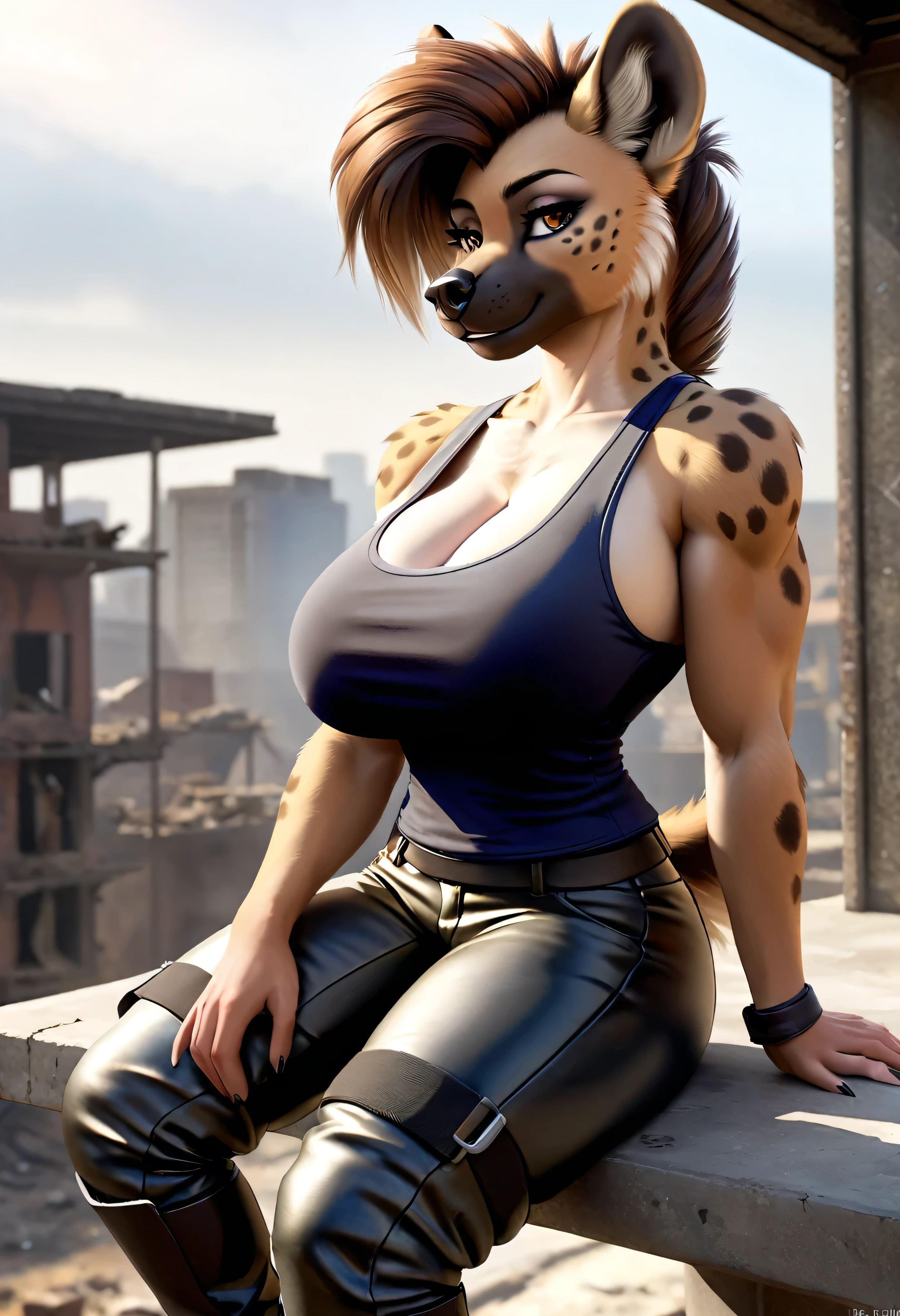 4k highly detailed realistic digital extremely high quality drawing, masterpiece, (by keeltheequine), (uploaded on e621), (a full-body portrait of an anthro hyena girl), (sitting on the roof of a building in a post-apocalyptic wasteland, holding a rifle)), ((wearing a tanktop, tight leather pants and combat boots)), (beautiful and detailed eyes:1.1), fur, seductive, sexy, voluptuous, curvy body, hourglass figure, large breasts, muscles, cinematic lighting, (f1.8 short focus bokeh)