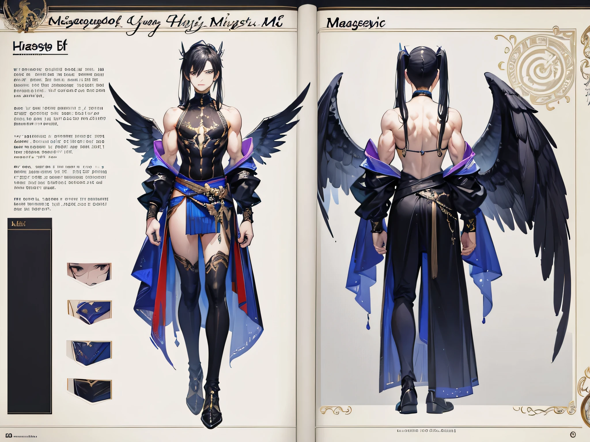 ((Masterpiece, Highest quality)), Male, boy, Detailed face, character design sheet, full bodyesbian, Full of details, frontal body view, back body view, Highly detailed, Depth, Many parts, angel wings, angel outfit, Muscle boy with black ponytail hair, black hair, handsome man, male angel , man tall, pectora
