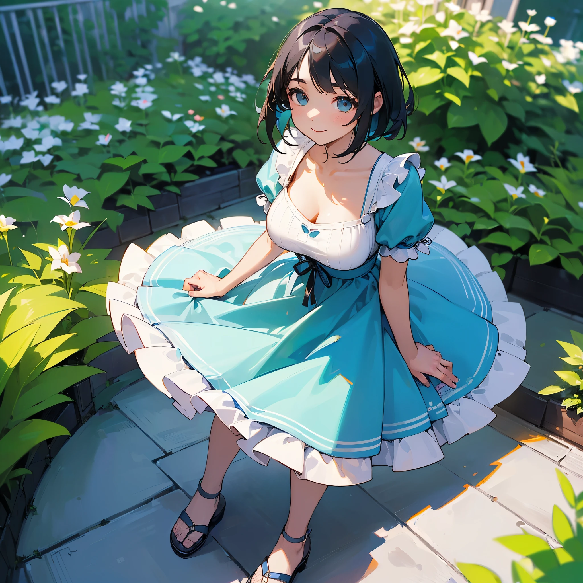 (high quality, High resolution, Very detailed, reality:1.37), Peaceful atmosphere, (Outdoor, garden), Teenage girl standing alone, (my breasts are big.), Beautiful details, Cute Smile, (Black bob hair), Blue short-sleeved dress, Sandals.