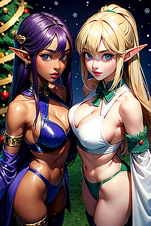 (masterpiece), best quality, expressive eyes, perfect face, 2 elf girls, one with purple hair and dark skin , the other with light skin blonde hair and blues, Christmas
